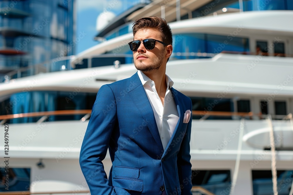 Obraz premium A Rich business man dreaming and thinking near the yacht