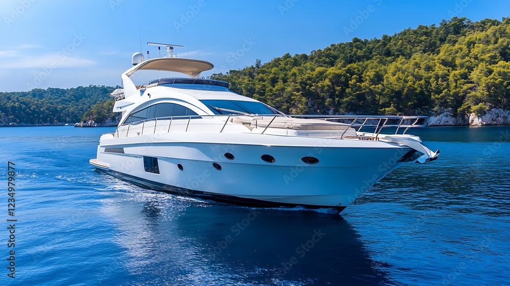 Elegant White Yacht Navigating Calm Waters Amidst Lush Greenery and Blue Skies : Generative AI Elegant White Yacht Navigating Calm Waters Amidst Lush Greenery and Blue Skies : Generative AI