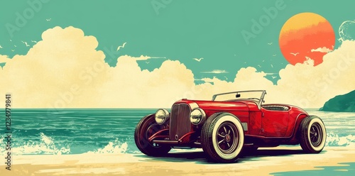 Classic Red Roadster at the Beach on a Sunny Day