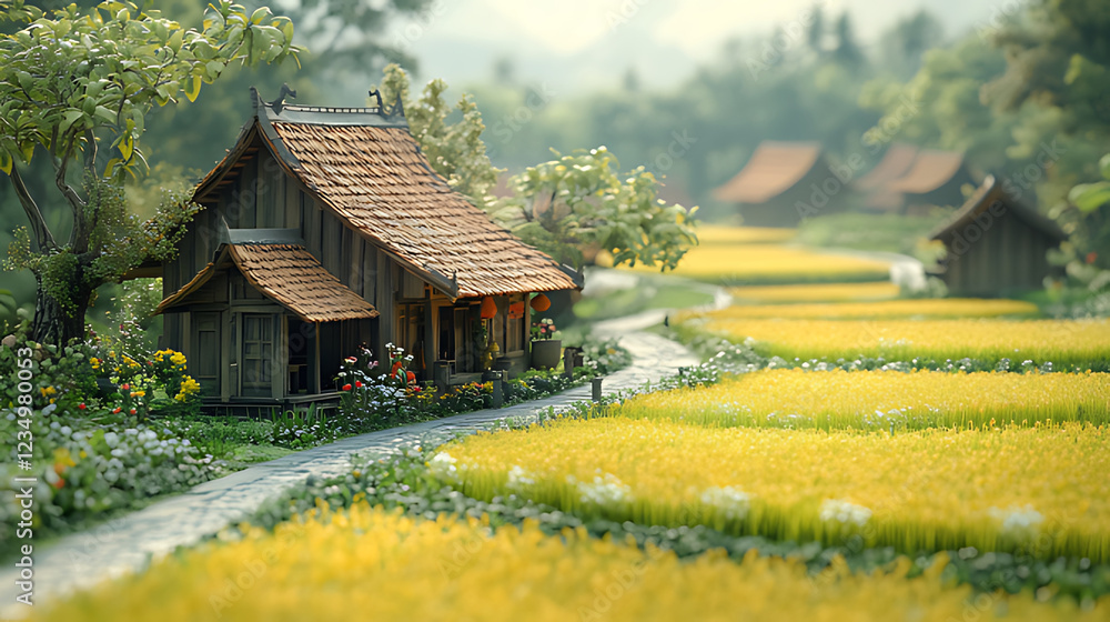 Fototapeta premium Traditional Countryside Cottage Amid Scenic Golden Rice Fields and Verdant Landscapes