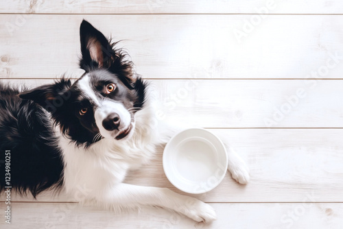 Hungry Border collie dog with empty bowl waiting for feeding, looking at camera, top view