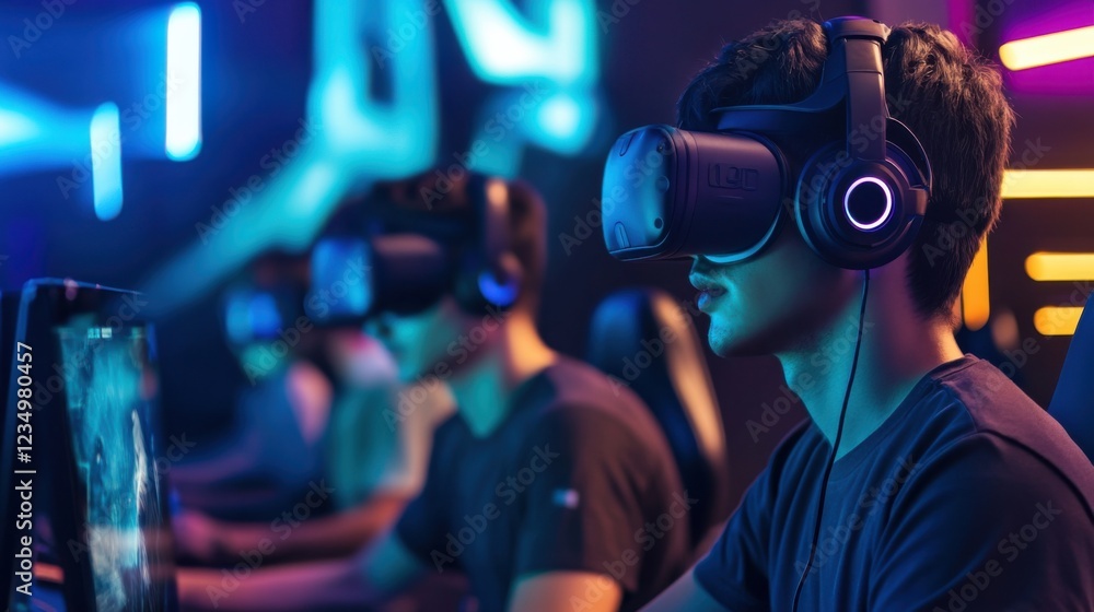 A group of gamers engaging in a virtual reality (VR) esports tournament, competing in a high-tech gaming arena with futuristic gaming gear, VR esports competition theme A group of gamers engaging in a virtual reality (VR) esports tournament, competing in a high-tech gaming arena with futuristic gaming gear, VR esports competition theme