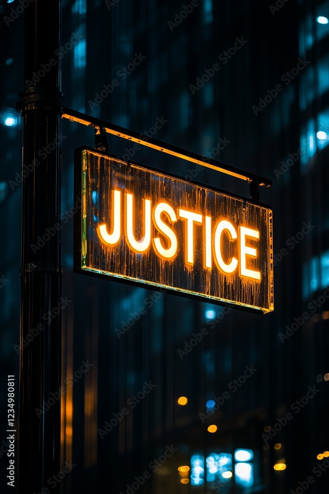 Illuminated justice sign against city nightscape. Illuminated justice sign against city nightscape.