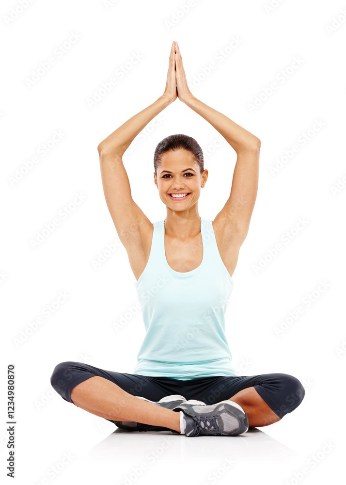 Studio, portrait and woman with prayer hands for meditation, inner peace or spiritual wellness for mental health. Female yogi, yoga or namaste by white background for mindfulness, balance or holistic