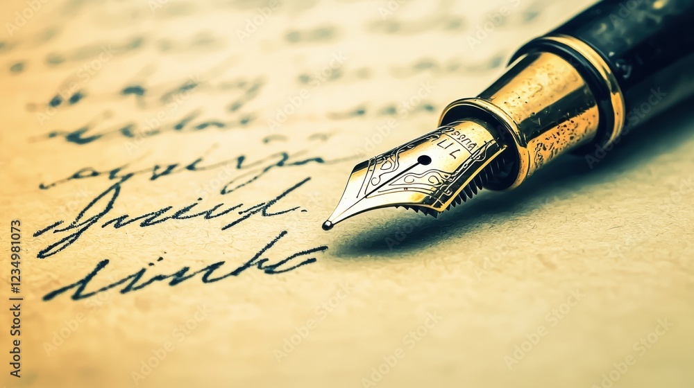 Fototapeta premium A close-up of a fountain pen resting on handwritten text, showcasing elegant craftsmanship and the beauty of traditional writing.