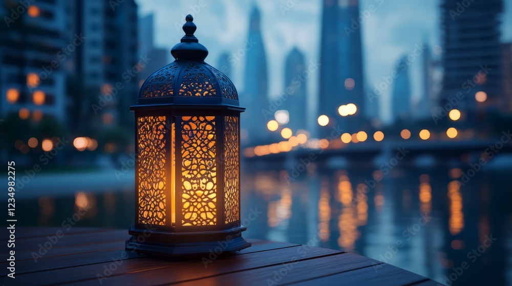 A Glowing Lantern Sits On A Wooden Table, Overlooking A Tranquil Cityscape At Night. The Scene Is Serene And Peaceful. A Glowing Lantern Sits On A Wooden Table, Overlooking A Tranquil Cityscape At Night. The Scene Is Serene And Peaceful.