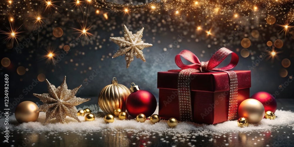 A Festive Christmas Scene Featuring a Red Gift Box Adorned with a Sparkling Ribbon, Surrounded by Golden Ornaments and Stars, Against a Background of Twinkling Lights and Snow A Festive Christmas Scene Featuring a Red Gift Box Adorned with a Sparkling Ribbon, Surrounded by Golden Ornaments and Stars, Against a Background of Twinkling Lights and Snow