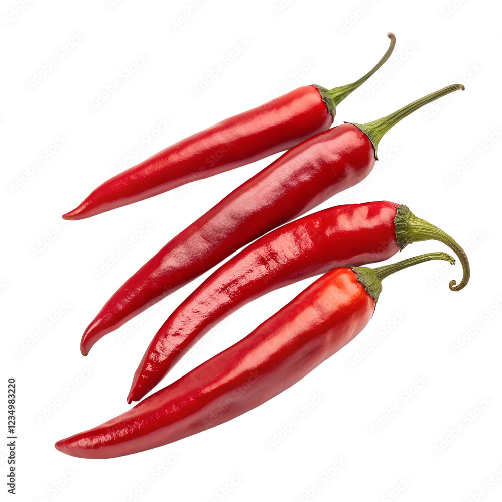 Four fresh red chili peppers on a transparent background. Four fresh red chili peppers on a transparent background.