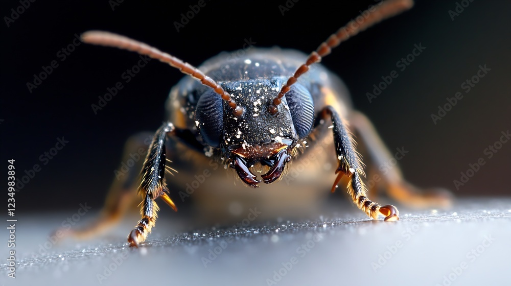 Fototapeta premium Extreme Macro Image of a Dark Insect with Exquisite Detail and Texture on a Blurry Background : Generative AI