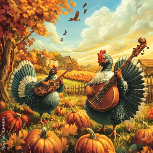 Chickens Playing Musical Instruments In Autumn Harvest photo