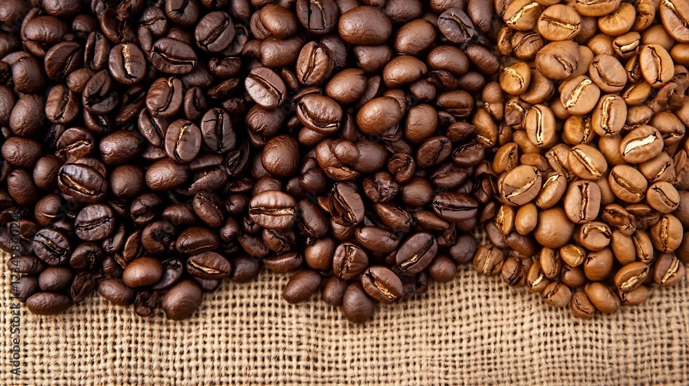 Three Varieties of Coffee Beans on Burlap Sack for Brewing and Roasting : Generative AI Three Varieties of Coffee Beans on Burlap Sack for Brewing and Roasting : Generative AI