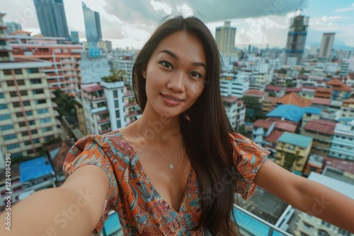 Young woman taking selfie with vibrant cityscape. Neural network AI generated photo