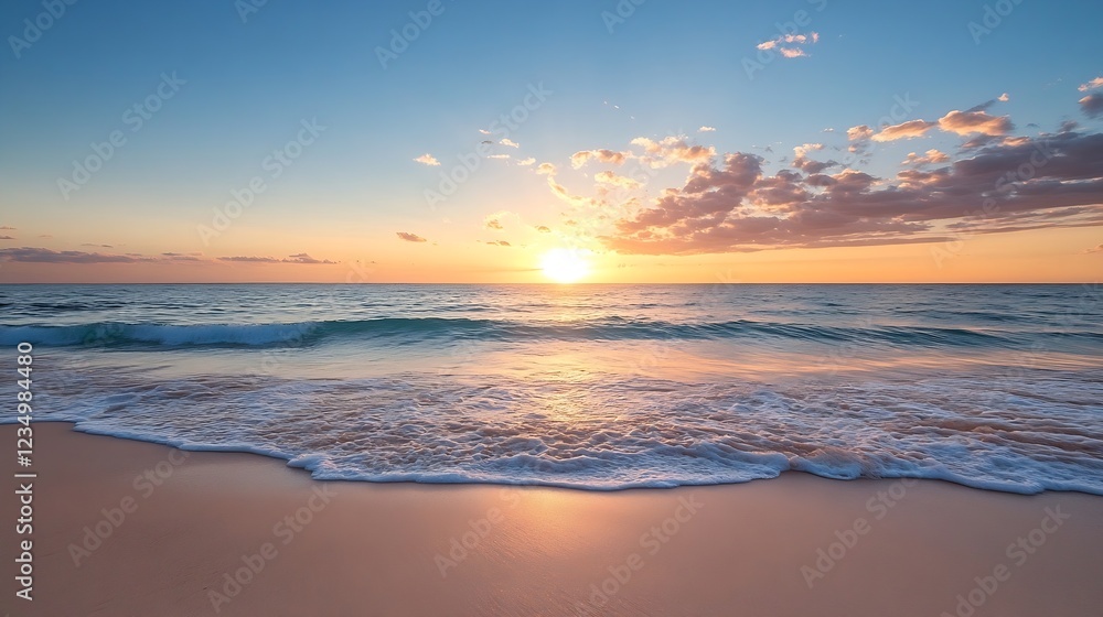 Fototapeta premium Stunning Beach Sunset with Vibrant Sky and Tranquil Ocean Waves at Golden Hour : Generative AI