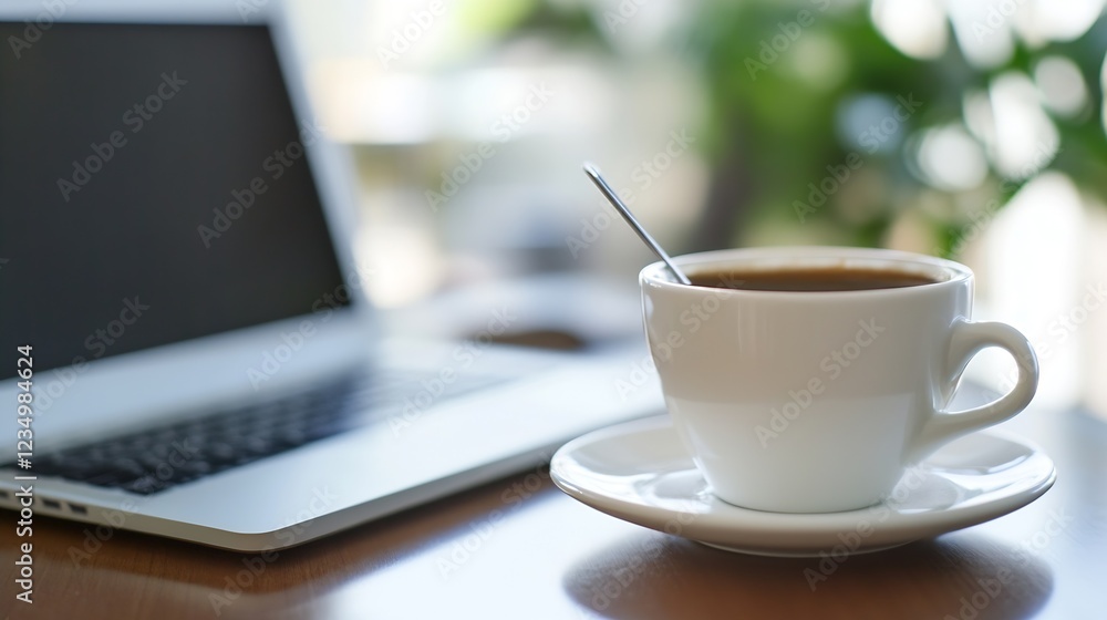 Cozy Desk Setup with Laptop and Coffee Cup in Sunlit Workspace : Generative AI Cozy Desk Setup with Laptop and Coffee Cup in Sunlit Workspace : Generative AI