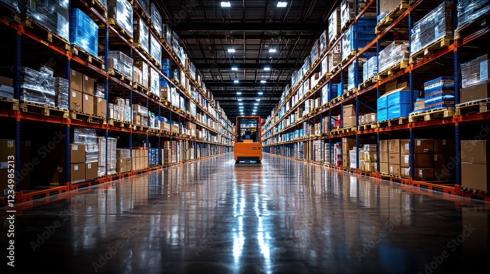 Warehouse Interior: Rows of Pallets and Forklift Warehouse Interior: Rows of Pallets and Forklift