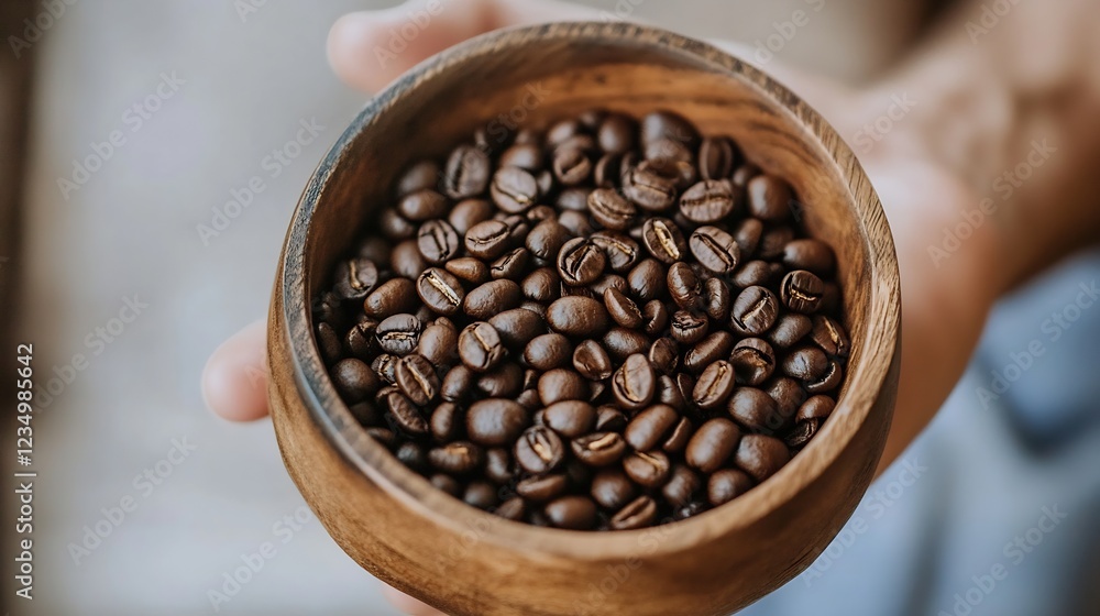 Fototapeta premium Wooden Bowl with Freshly Roasted Coffee Beans for Artisan Brewing : Generative AI