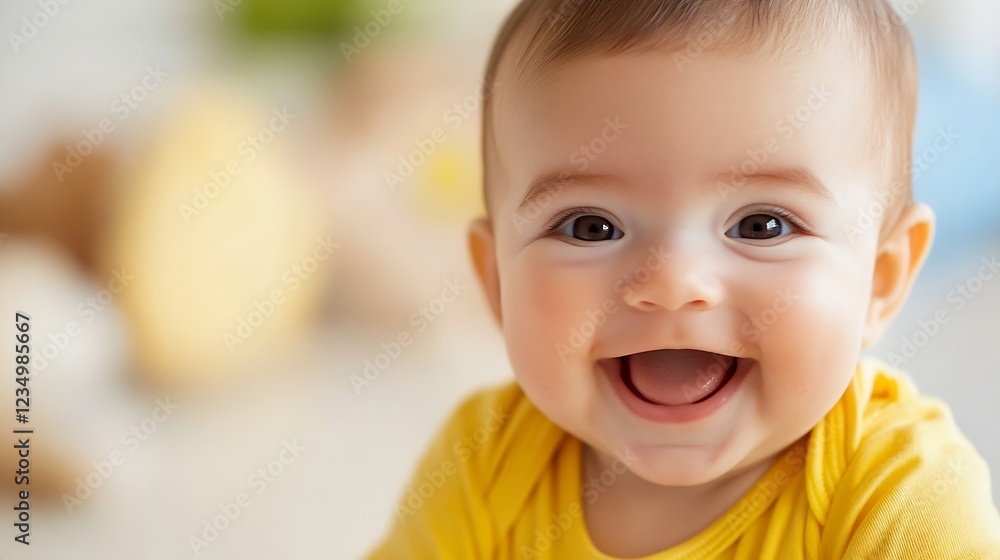 Adorable baby laughing joyfully while playing in vibrant home nursery setting : Generative AI Adorable baby laughing joyfully while playing in vibrant home nursery setting : Generative AI