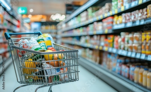Grocery Shopping Cart Filled with Fresh Produce and Packaged Goods in a Supermarket Aisle