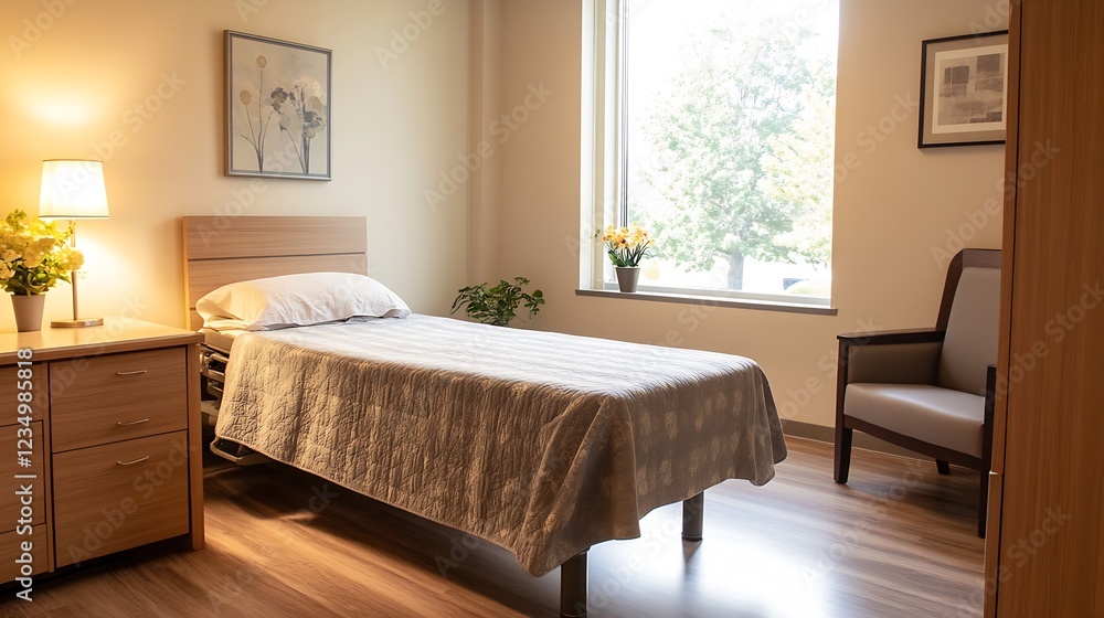 Fototapeta premium Peaceful Elderly Care Bedroom with Single Bed and Wooden Furniture for Senior Living Comfort : Generative AI