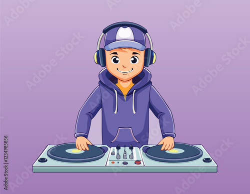 A human playing dj mixing music with headphones vector flat design...