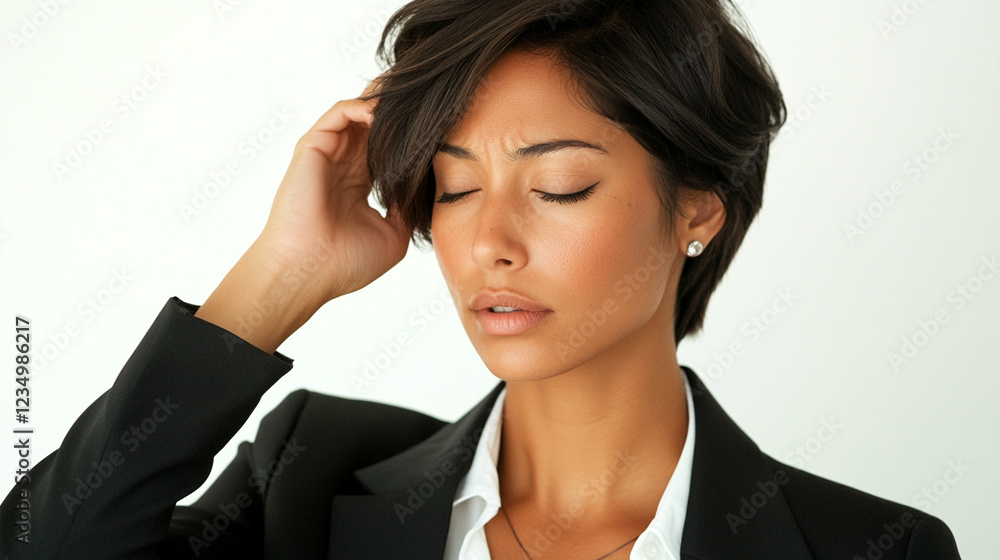 headache and problems at work, businesswoman holding her head headache and problems at work, businesswoman holding her head