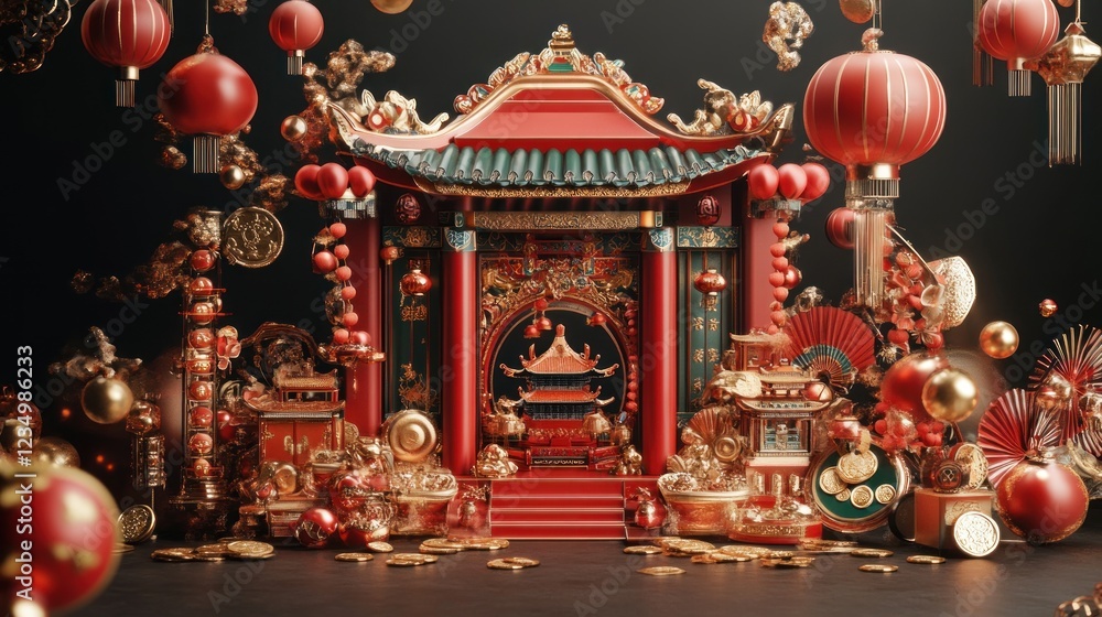 Festive Chinese New Year Temple Scene With Lanterns And Gold Festive Chinese New Year Temple Scene With Lanterns And Gold