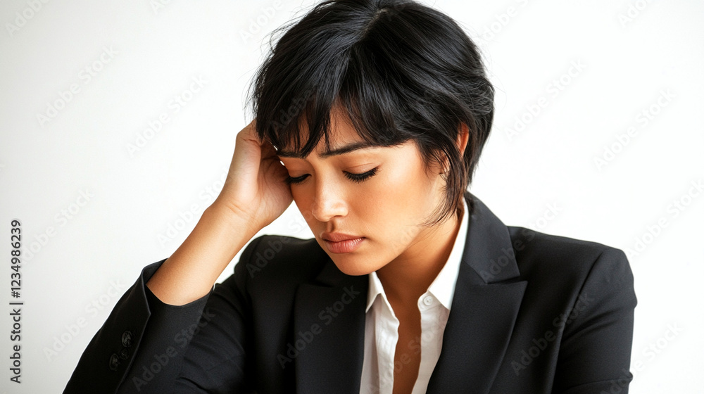 headache and problems at work, businesswoman holding her head headache and problems at work, businesswoman holding her head