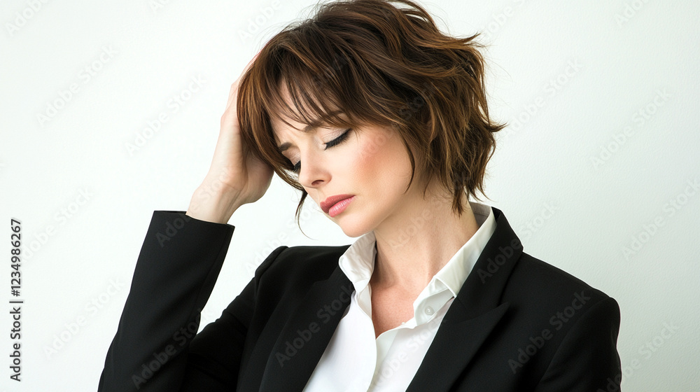 headache and problems at work, businesswoman holding her head headache and problems at work, businesswoman holding her head