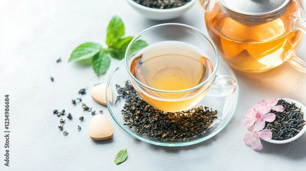 Herbal Tea in Glass Cup with Fresh Ingredients and Teapot Setup Herbal Tea in Glass Cup with Fresh Ingredients and Teapot Setup