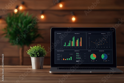 laptop displaying colorful data dashboards with charts and graphs is placed on wooden desk, accompanied by small potted plant. background features warm, ambient lighting, creating cozy atmosphere