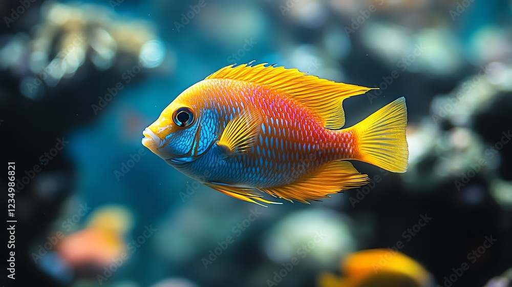 A vibrant, close-up image of a colorful fish swimming in a coral reef, showcasing its brilliant orange and blue colors against a blurred underwater background. A vibrant, close-up image of a colorful fish swimming in a coral reef, showcasing its brilliant orange and blue colors against a blurred underwater background.