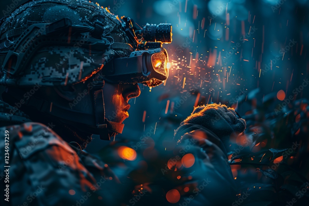 Obraz premium A soldier in the rain, focused and alert, utilizing night vision equipment.