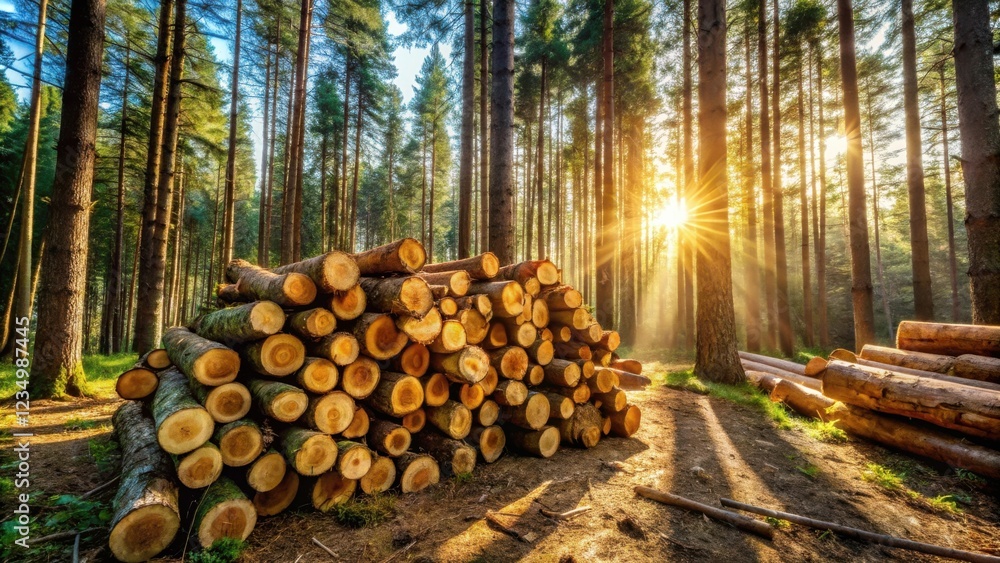 A pile of freshly cut logs in a sun-drenched forest, a testament to the delicate balance between nature and human activity A pile of freshly cut logs in a sun-drenched forest, a testament to the delicate balance between nature and human activity