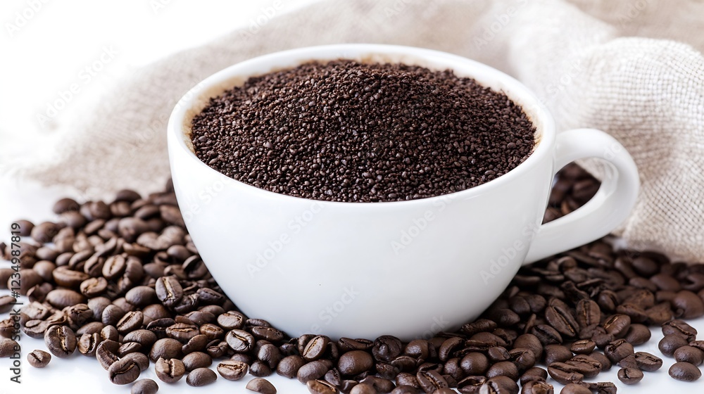 Cup filled with ground coffee and scattered beans on white wooden surface : Generative AI Cup filled with ground coffee and scattered beans on white wooden surface : Generative AI