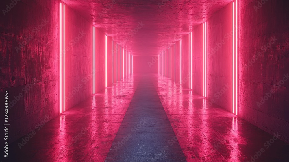 Pink Neon Lights Illuminate Concrete Corridor Pink Neon Lights Illuminate Concrete Corridor