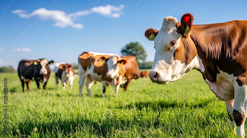 Brown and White Cows Grazing in Lush Green Pasture Under Blue Sky : Generative AI Brown and White Cows Grazing in Lush Green Pasture Under Blue Sky : Generative AI