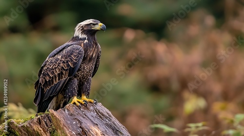 Majestic Young Eagle Perched on Tree Stump in Wilderness with Soft Focused Forest Background : Generative AI photo