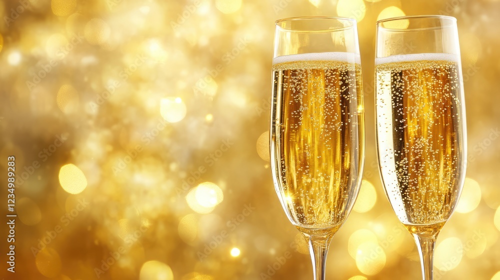 Champagne for festive cheers with gold sparkling bokeh background. Glasses of sparkling wine in front of tender bright gold bokeh. Horizontal background for celebrations and invitation cards space Champagne for festive cheers with gold sparkling bokeh background. Glasses of sparkling wine in front of tender bright gold bokeh. Horizontal background for celebrations and invitation cards space