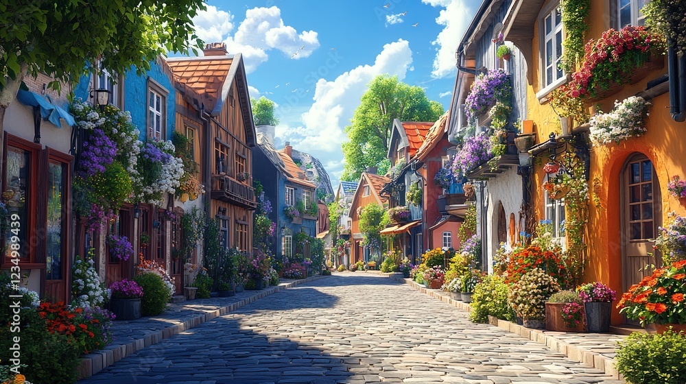 Fototapeta premium Charming European street with cobblestone paths, colorful buildings, and flower-adorned balconies, sunny and inviting