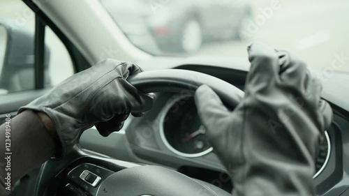 Hands in leather gloves on the steering wheel of a car. The driver is nervous. Car theft. Close-up