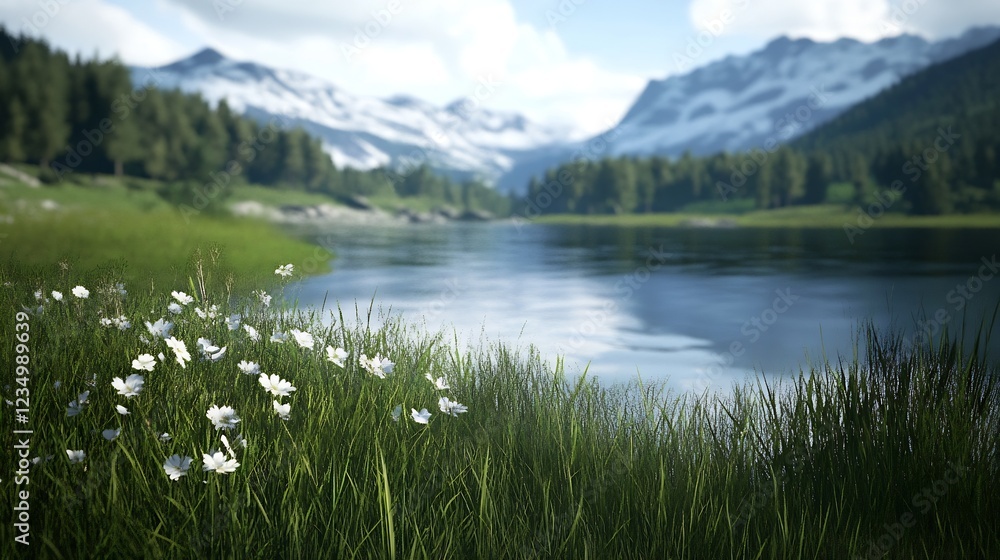 Fototapeta premium Alpine Lake with Wildflowers Surrounded by Snow Covered Mountains : Generative AI