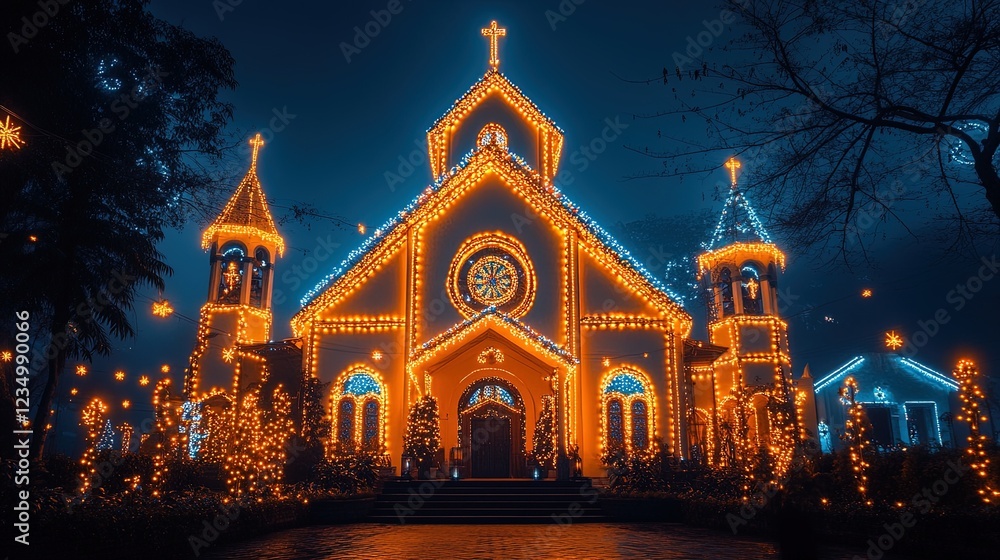 Obraz premium Beautiful church exterior decorated with Christmas lights, festive and sacred ambiance