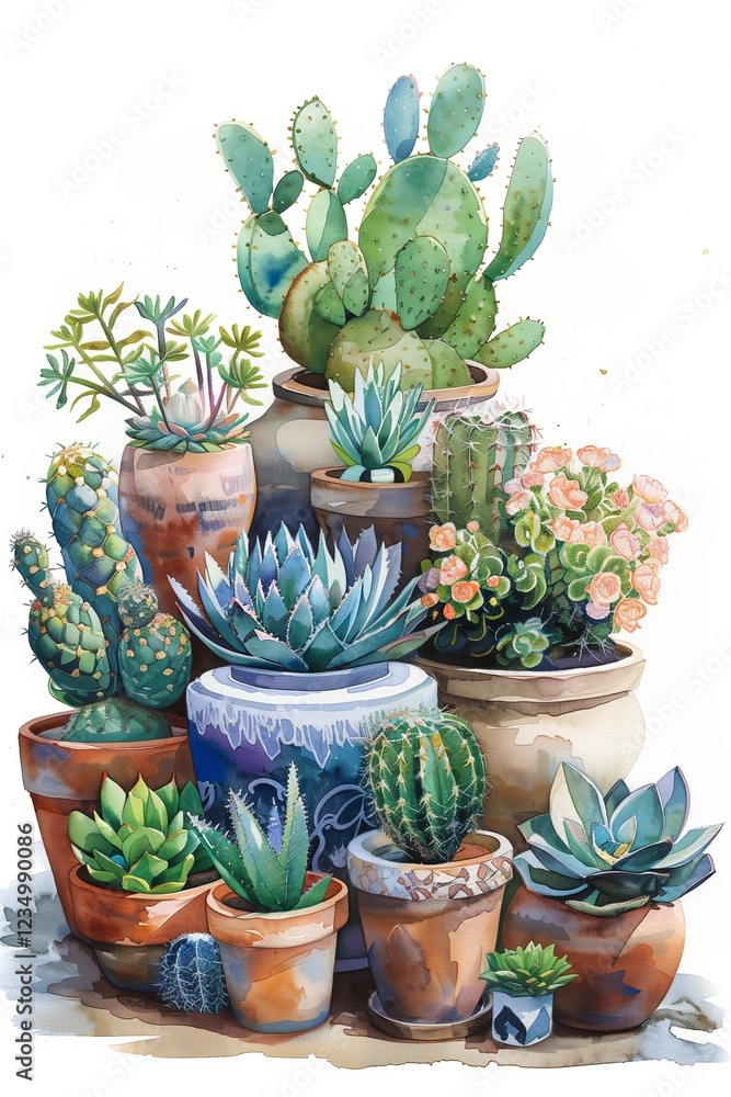 A vibrant arrangement of various potted cacti and succulents showcasing diverse textures. A vibrant arrangement of various potted cacti and succulents showcasing diverse textures.