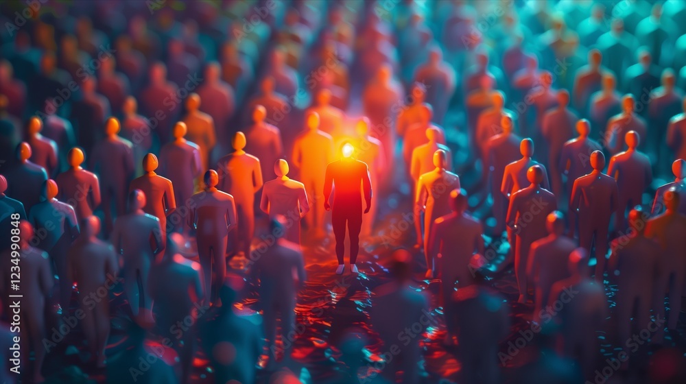 Obraz premium A vibrant crowd of figurines with one illuminated figure standing out among the rest.
