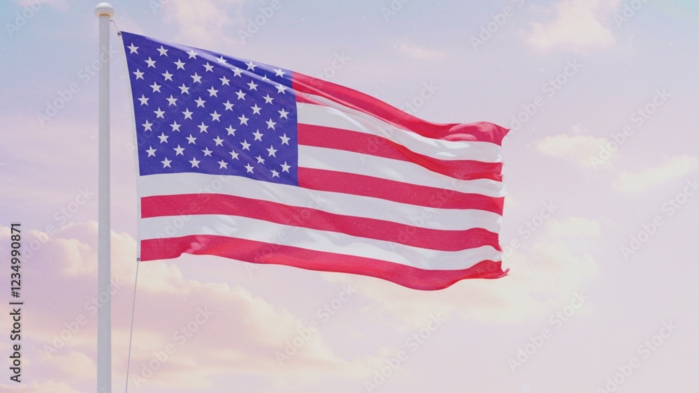 Watercolor Dream: Illustrated USA Flag Flowing Against Pastel Skies Watercolor Dream: Illustrated USA Flag Flowing Against Pastel Skies