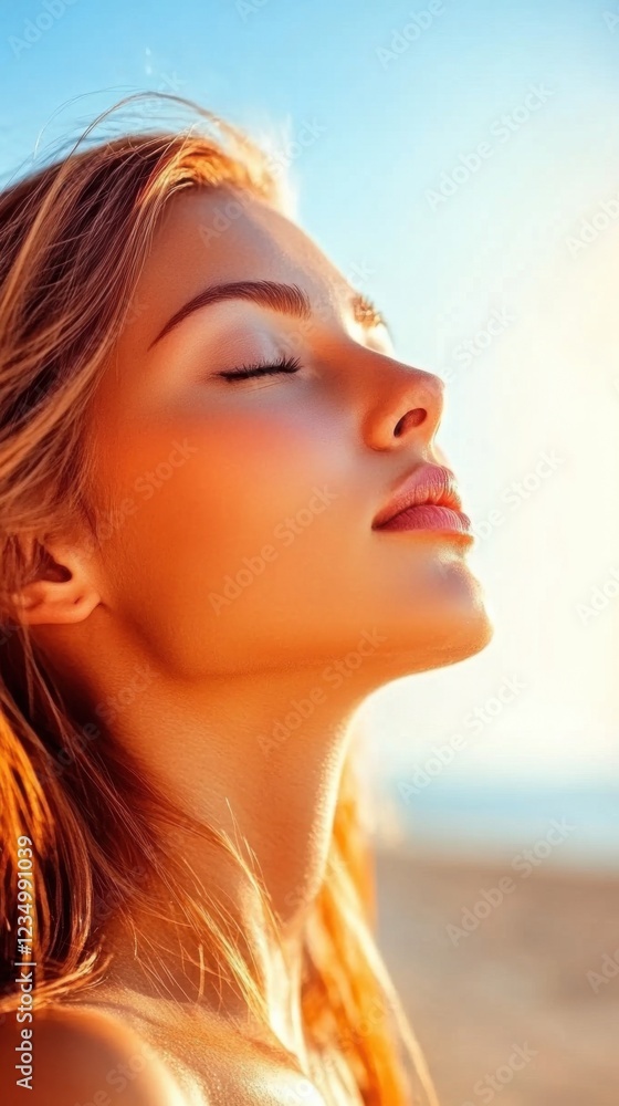 A woman with red hair basks in the warm sunlight, exuding happiness and serenity against a blue sky and beach backdrop. A woman with red hair basks in the warm sunlight, exuding happiness and serenity against a blue sky and beach backdrop.