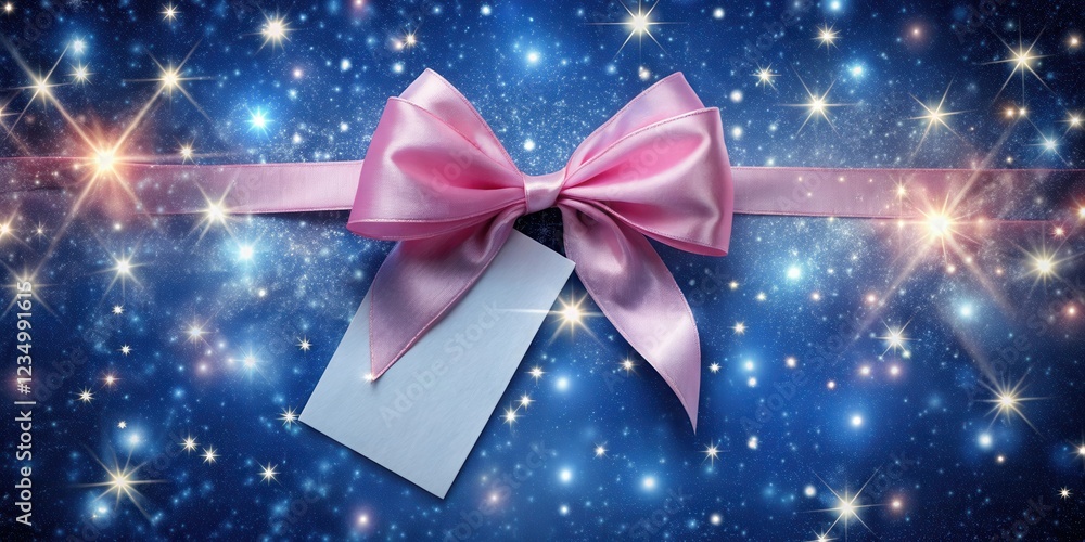A pink satin bow adorned with a blank tag, set against a twinkling night sky, perfectly capturing the essence of a magical gift. A pink satin bow adorned with a blank tag, set against a twinkling night sky, perfectly capturing the essence of a magical gift.