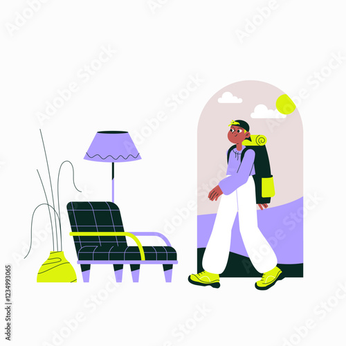Hotel Arrival With Male Traveler Carrying A Backpack In Flat Vector Illustration Symbolizing Check in, Tourism, And Travel Accommodation, Isolated On White Background