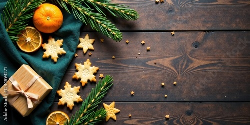 Festive Holiday Season Arrangement with Gift, Citrus, and Snowflake Cookies on Rustic Wood