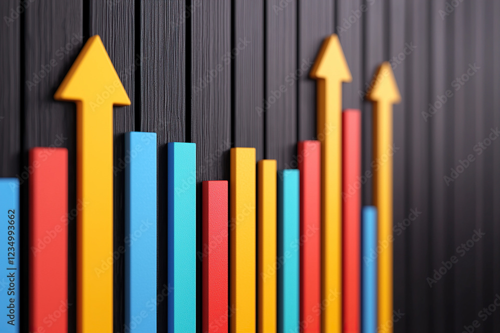 Colorful bar and arrow charts on dark wooden background symbolize growth and optimization efforts. vibrant colors and upward arrows convey sense of progress and success Colorful bar and arrow charts on dark wooden background symbolize growth and optimization efforts. vibrant colors and upward arrows convey sense of progress and success